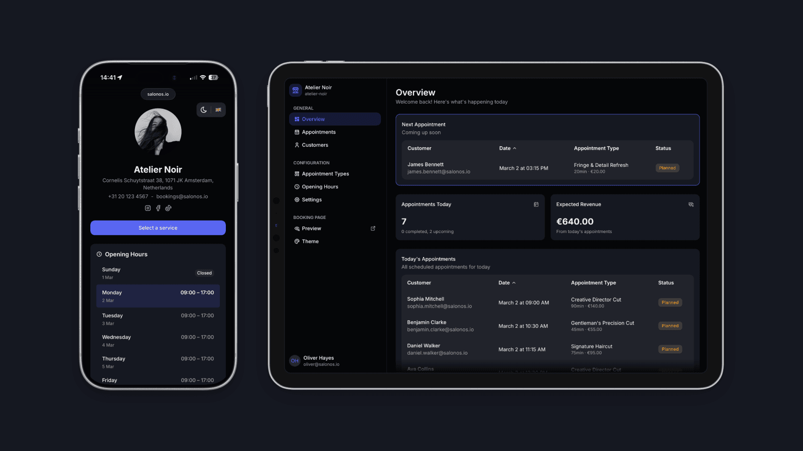 SalonOS appointment dashboard — dark mode